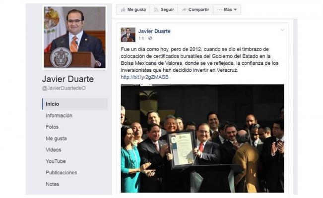 Publican anuncio en cuenta de Facebook de Javier Duarte