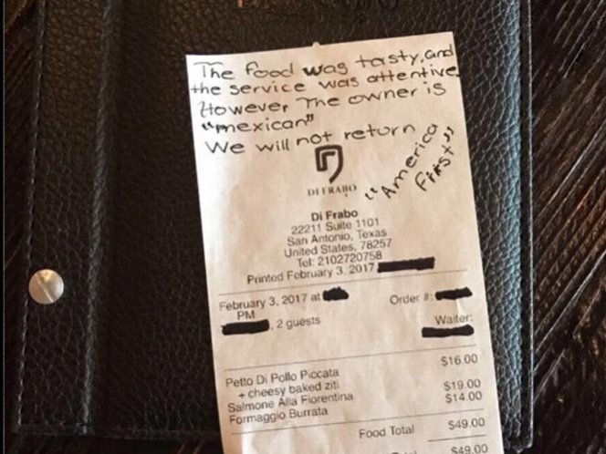Dejan nota en restaurante de Texas: ‘No volveremos, dueño es mexicano’