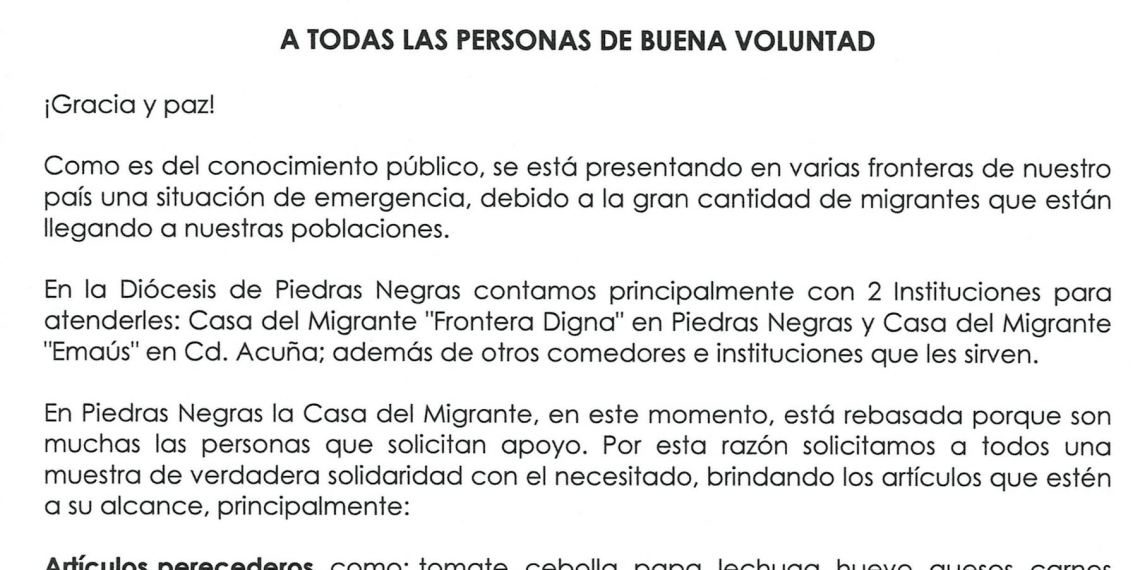 Diócesis de Piedras Negras solicita apoyo para migrantes