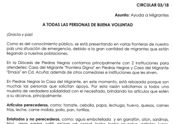 Diócesis de Piedras Negras solicita apoyo para migrantes
