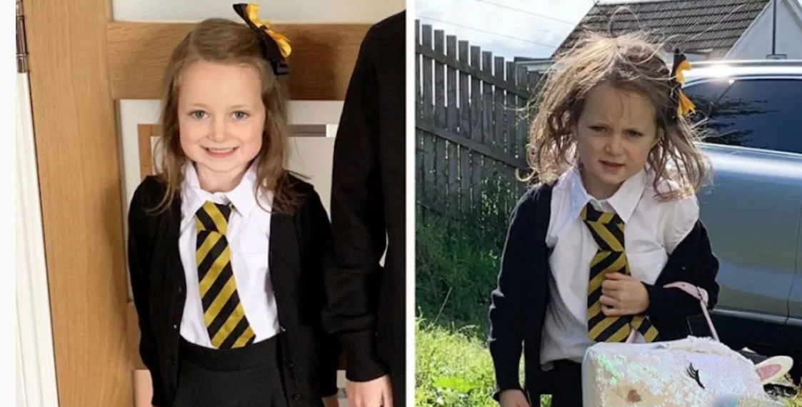 Foto del antes y después de niña en su primer día de clases se vuelve viral