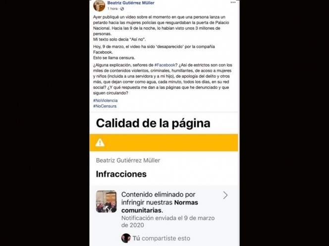 Beatriz Gutiérrez Müller reclama a Facebook por censura de video