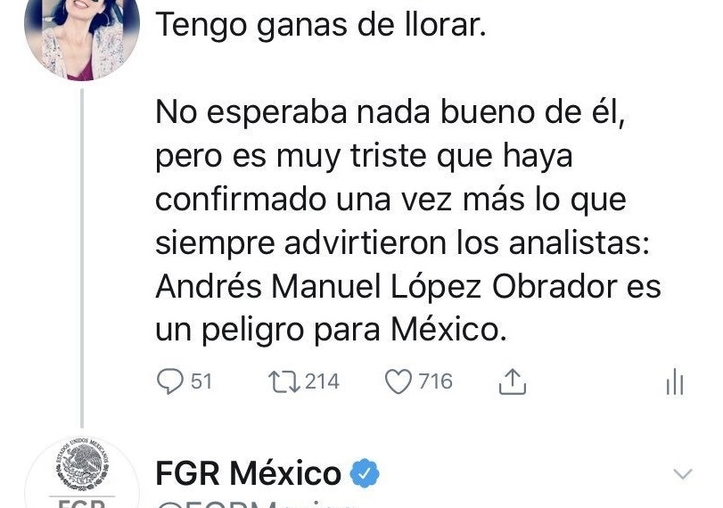 Twitter de la FGR insulta a usuaria por criticar a AMLO