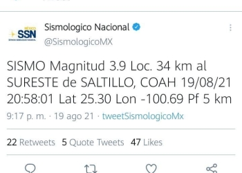 Otra vez tiembla en Saltillo