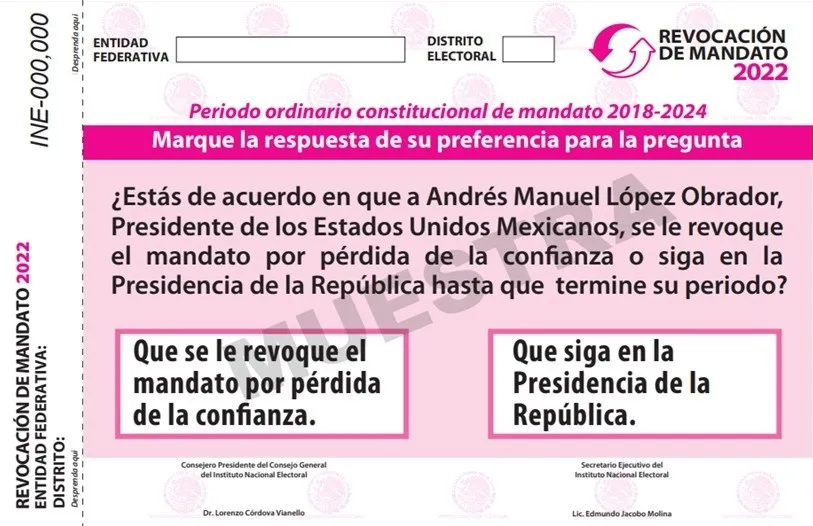 INE aprueba diseño de la papeleta para la consulta de revocación de mandato