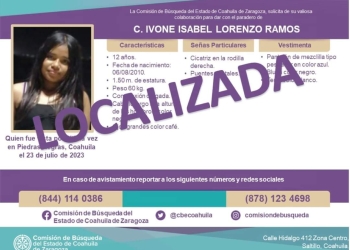 Localizan a menor de 12 años reportada como desaparecida