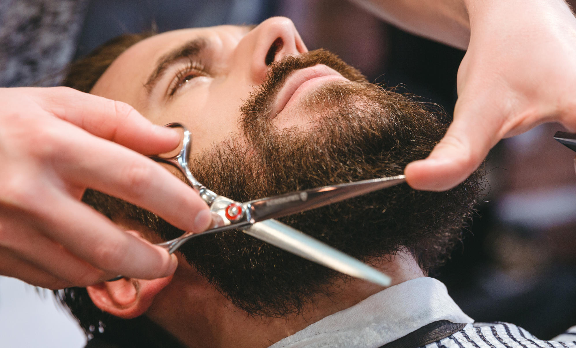 Hairdresser doing haircut of beard using comb and scissors to young attractive man in men's hair salon
