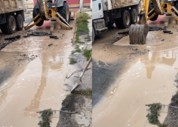 Reparan tubería de asbesto tras ruptura en calle recién pavimentada